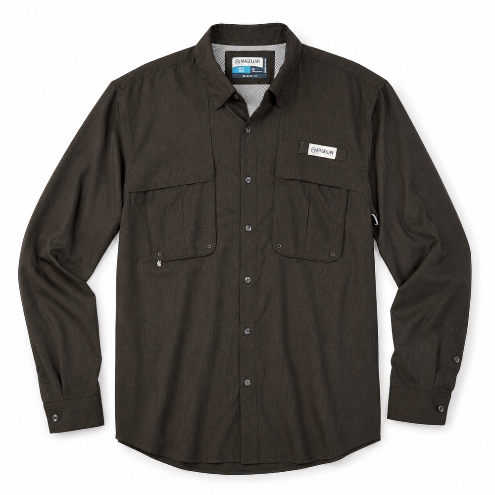 Magellan Outdoors Mens M Fishing Shirt Brown LS Moisture Wicking Relaxed Fit
